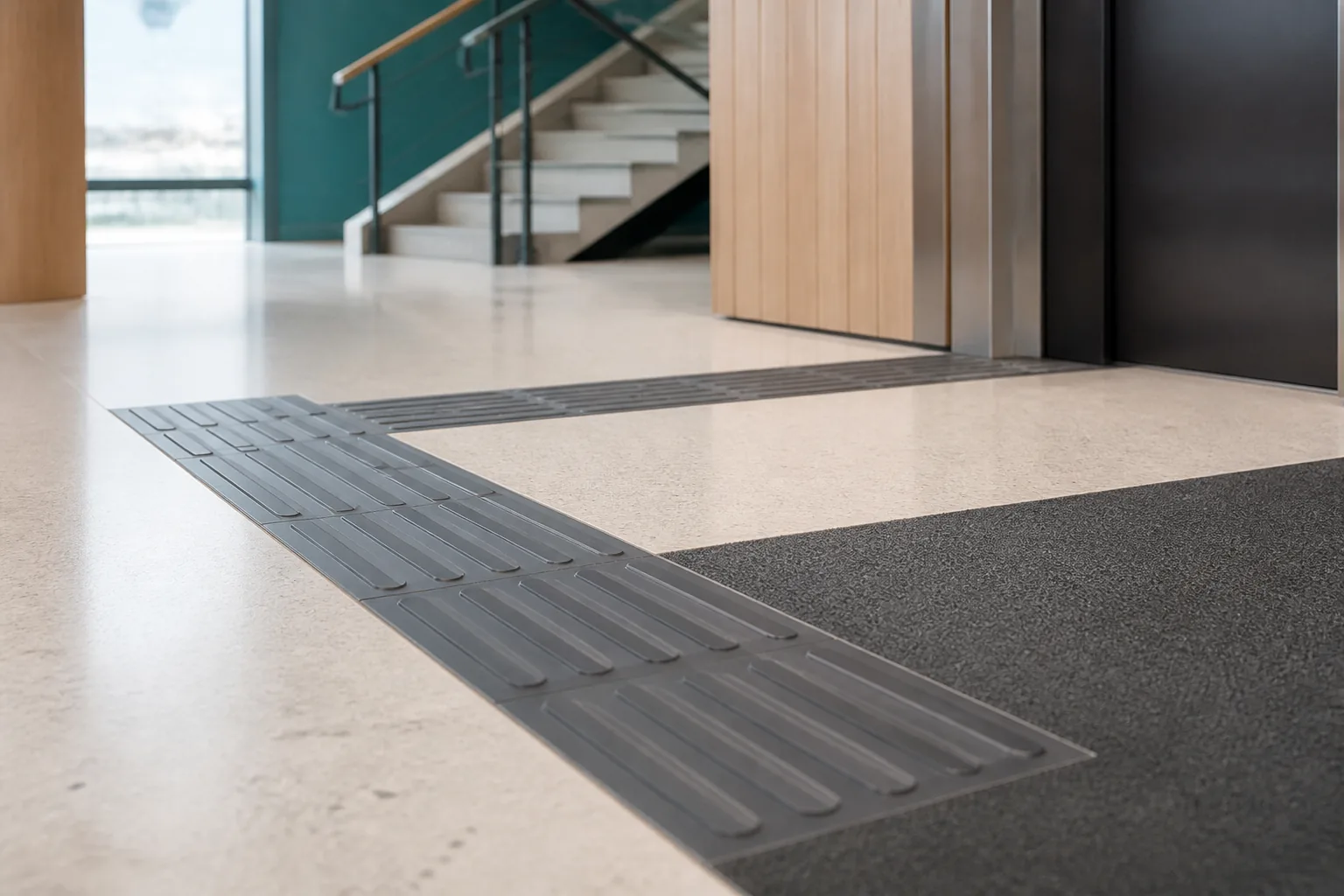 Taktile ribbefliser felt inn ved teppegulv i moderne bygg