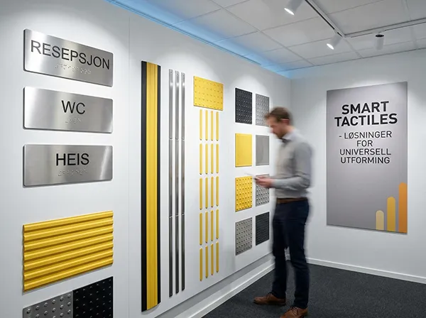 Smart Tactiles leverer komplette løsninger innen taktil merking – fra taktile skilt og punktskrift til ledelinjer og oppmerksomhetsfelt.