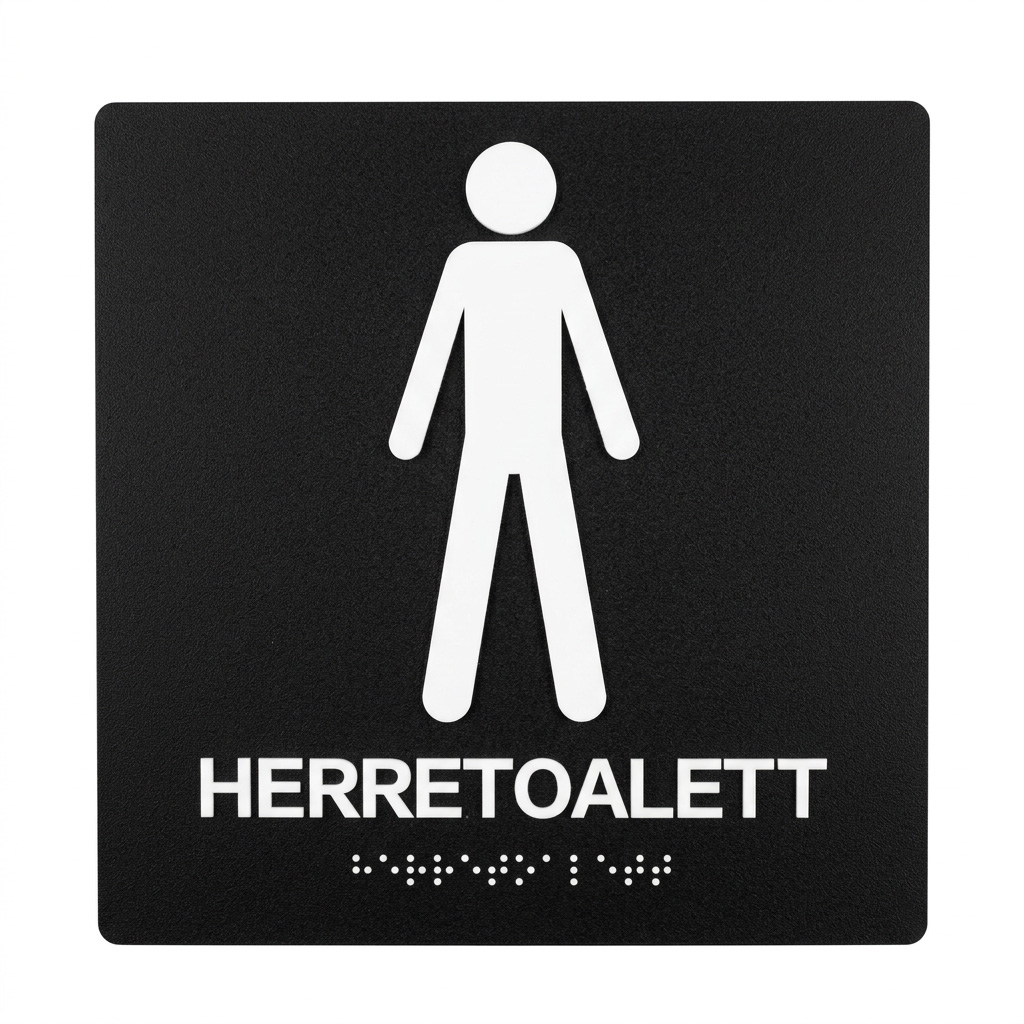 Herretoalett skilt fra Smart Tactiles med braille (blindeskrift)